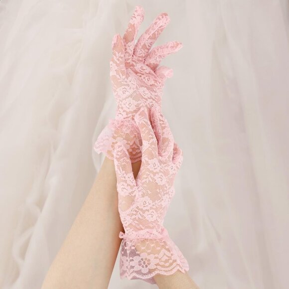 Women Pink Short Tea Wedding Bridal Fashion Opera Halloween Cosplay Lace Gloves - Picture 3 of 8